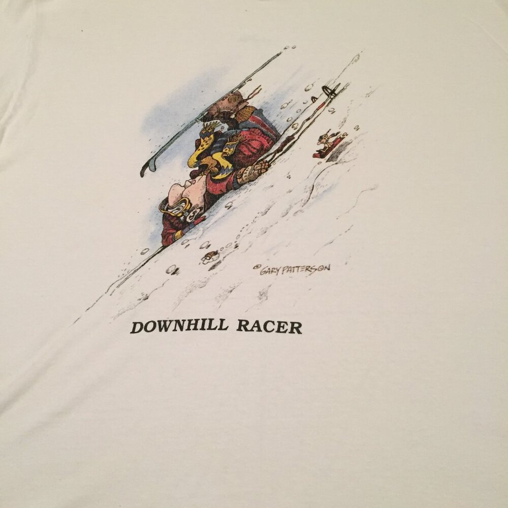Vintage Gary Patterson "Downhill Racer" Skiing Cartoon T-Shirt Size L S/S
